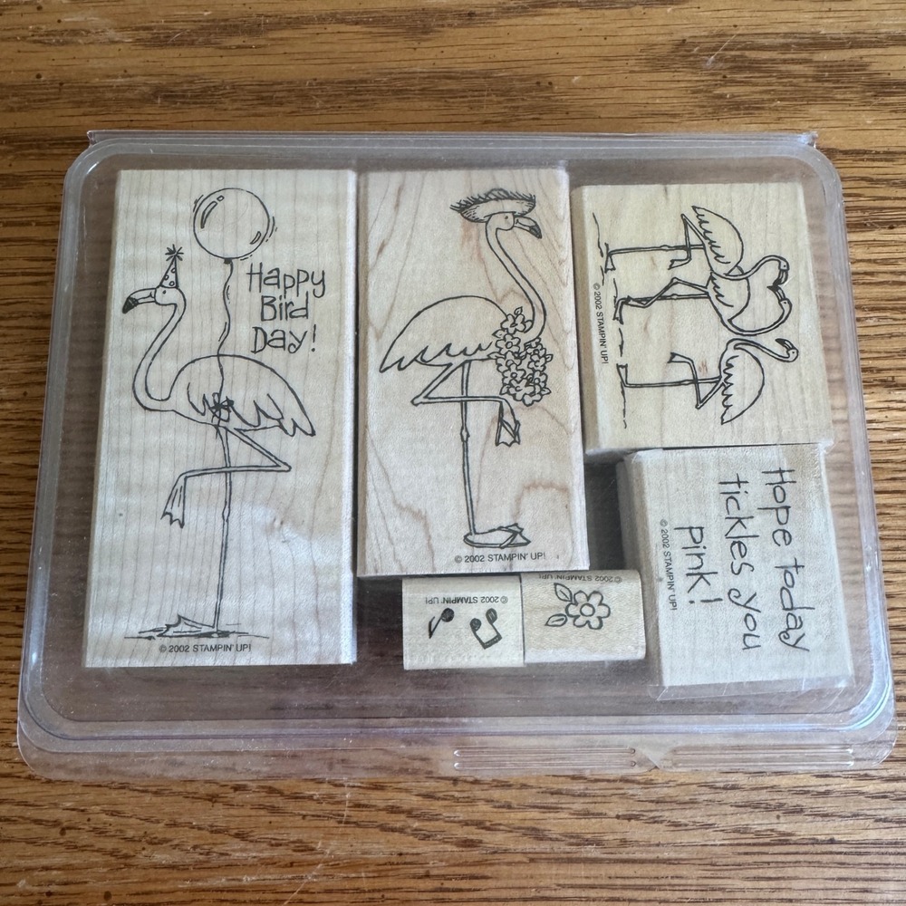Stampin Up Tickled Pink Wood Mounted Rubber Stamp‎ Set Flamingo 2002 Set of 6